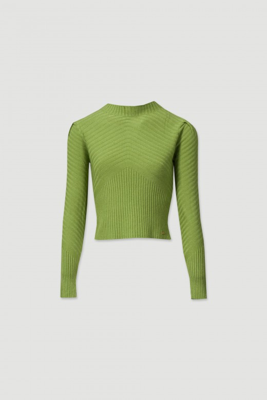 Knit sweater with a high ribbed trim.