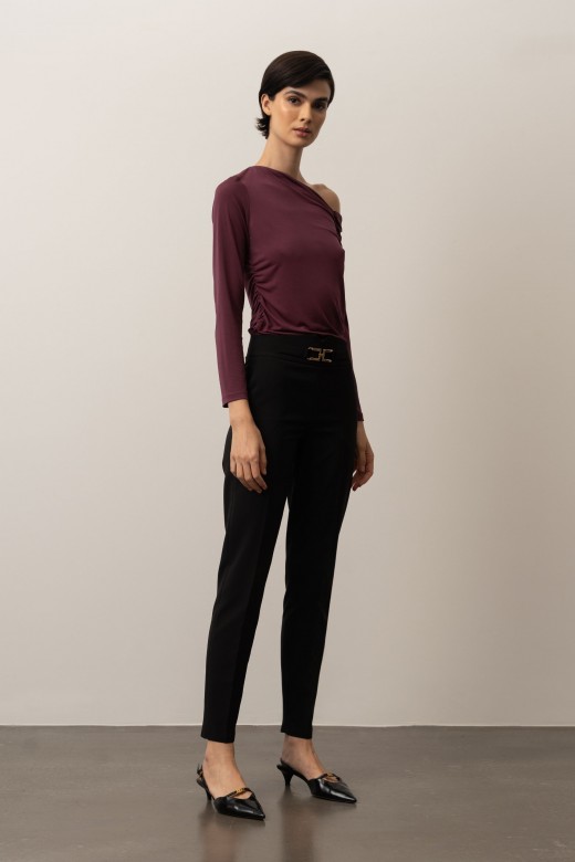 Knit sweater with an asymmetrical neckline and draped detail