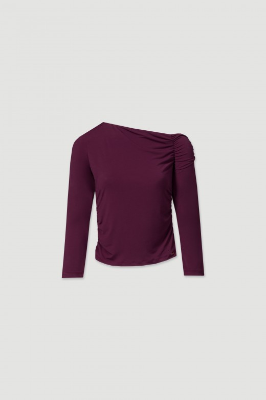 Knit sweater with an asymmetrical neckline and draped detail