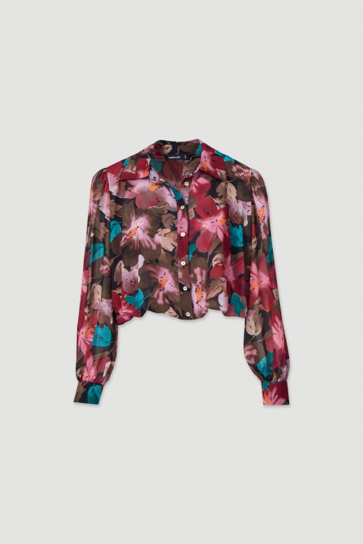 Blusa corta con estampado floral y efecto abullonado