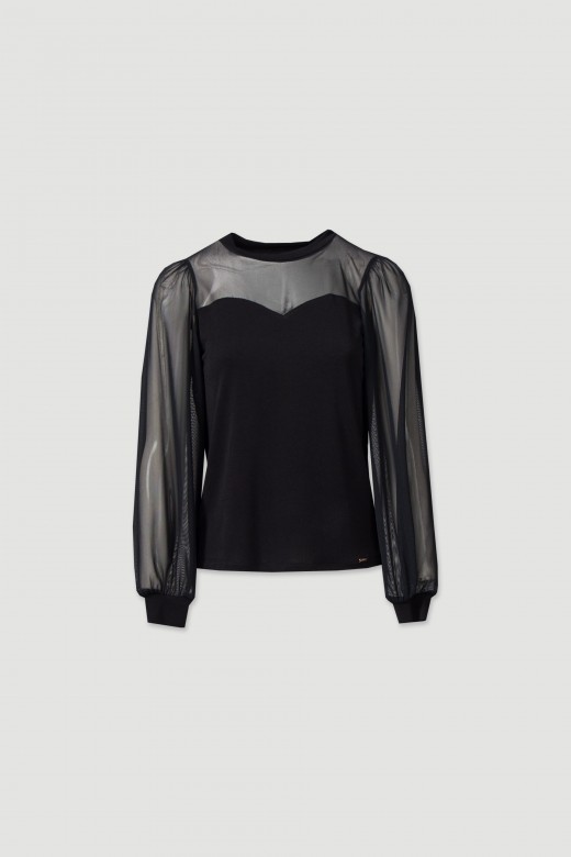 Sweater with neckline and transparent sleeves
