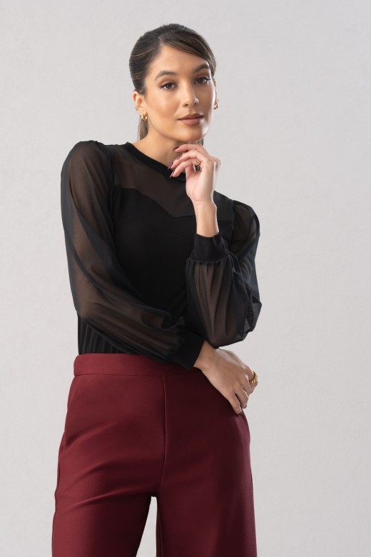 Sweater with neckline and transparent sleeves