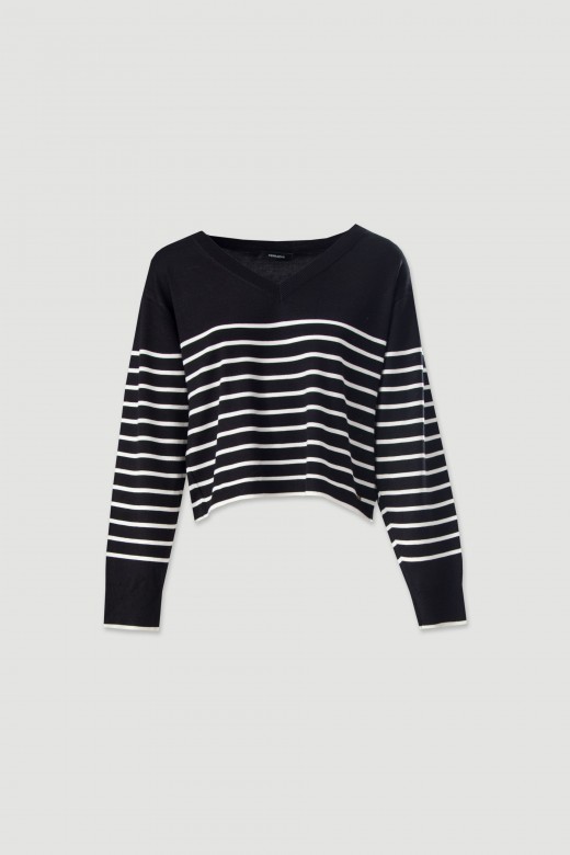 Camisola curta de malha com riscas