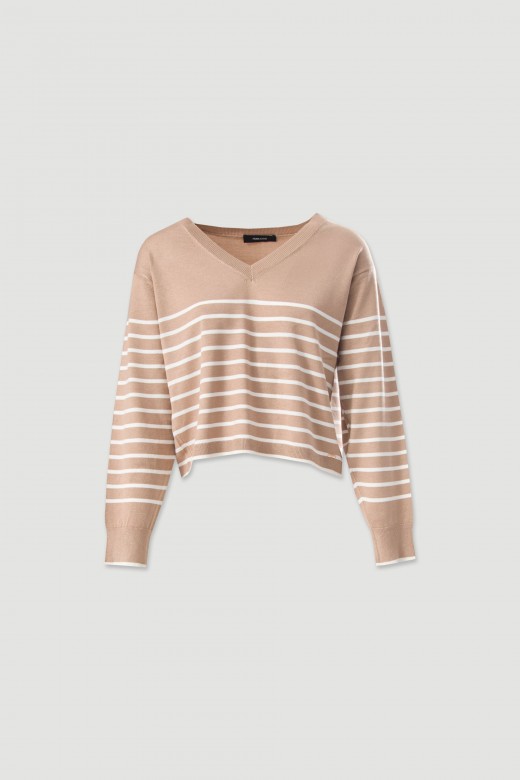 Camisola curta de malha com riscas