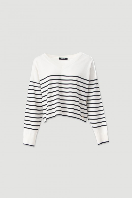 Camisola curta de malha com riscas