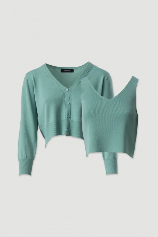 Conjunto de malha fina: casaco curto com top