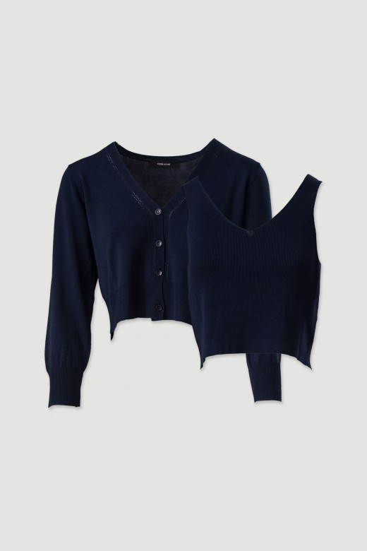 Fine knit set: short cardigan with top