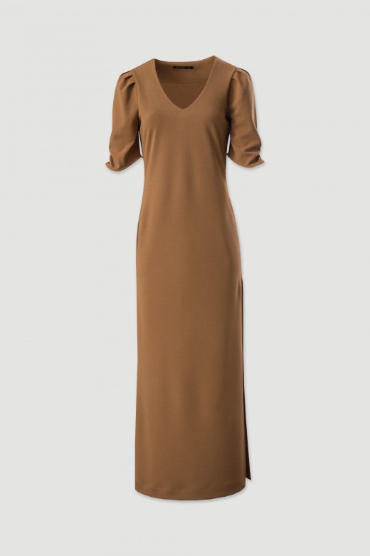 Vestido comprido com franzido na manga