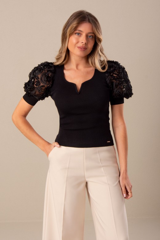 Camisola de malha com manga curta em tule