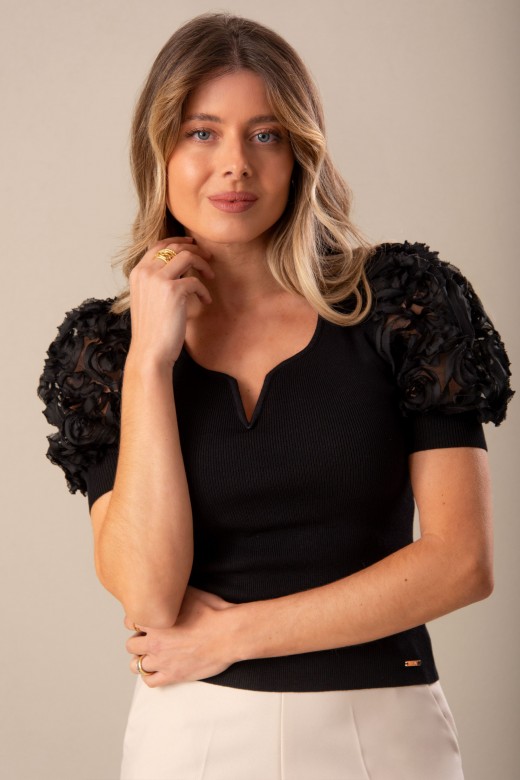 Camisola de malha com manga curta em tule