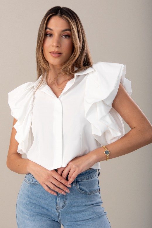 Blusa curta com manga dupla em folhos