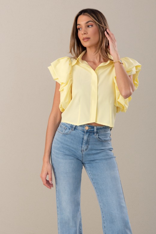 Blusa curta com manga dupla em folhos