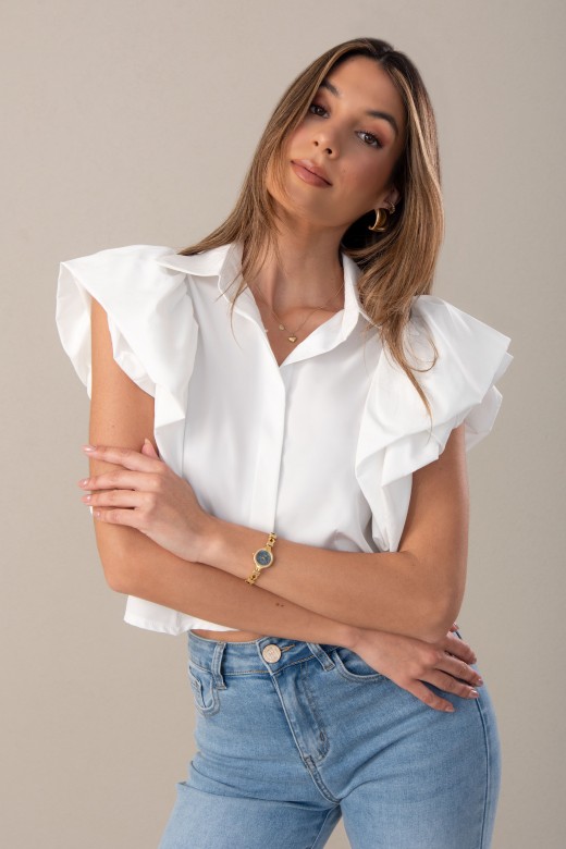 Blusa curta com manga dupla em folhos