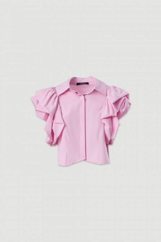 Blusa curta com manga dupla em folhos
