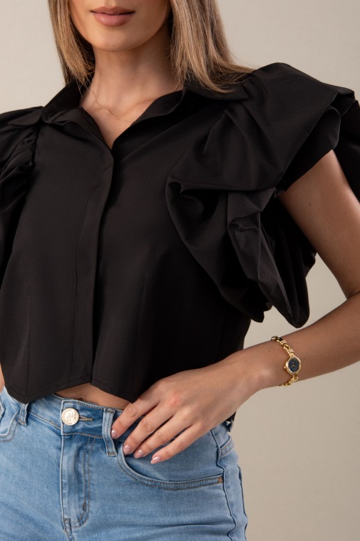 Blusa curta com manga dupla em folhos