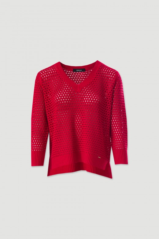 Asymmetric perforated knit sweater