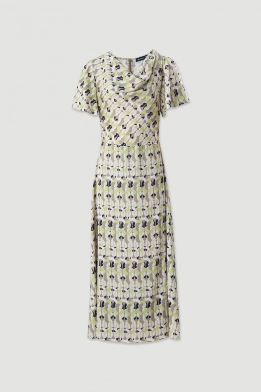 Vestido midi com gola drapeada estampado