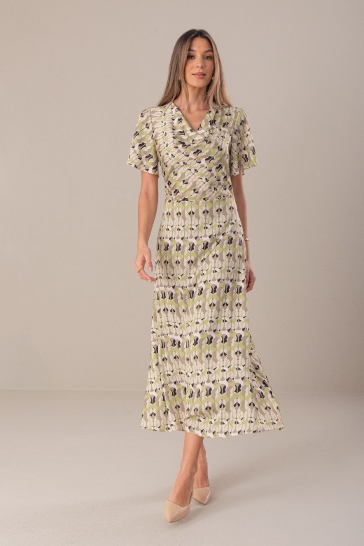 Vestido midi com gola drapeada estampado