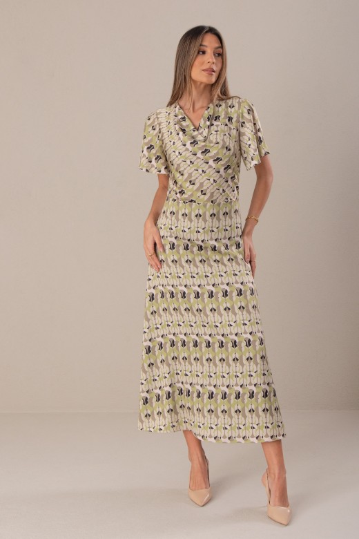 Vestido midi com gola drapeada estampado