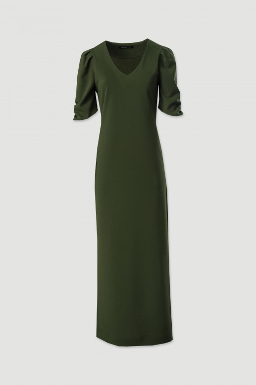 Vestido comprido com franzido na manga
