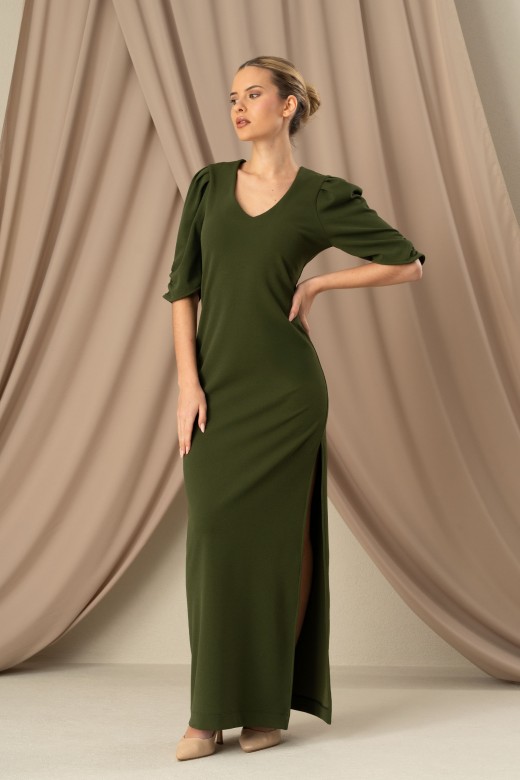 Vestido comprido com franzido na manga