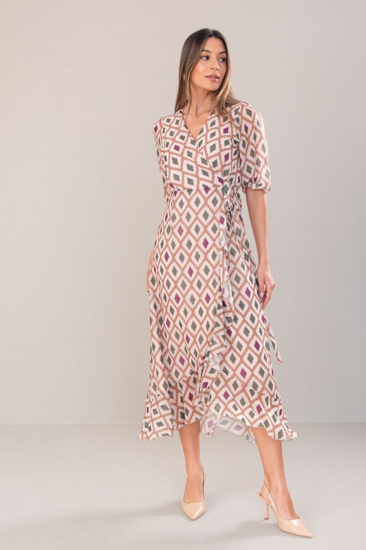 Vestido midi estampado em trespasse