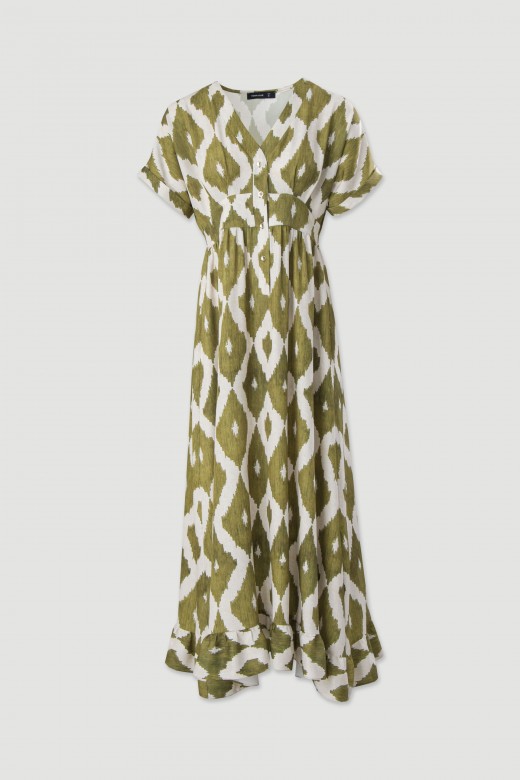 Vestido comprido estampado e cintado