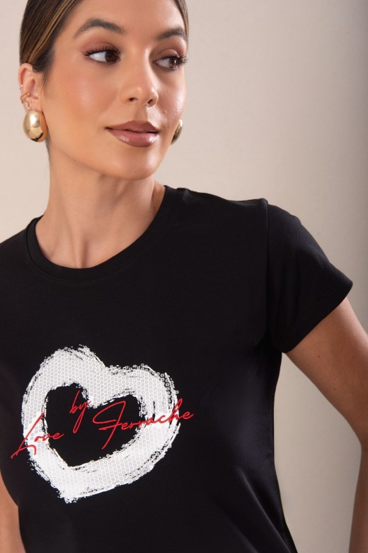 T-shirt de algodo bsica com estampado e bordado