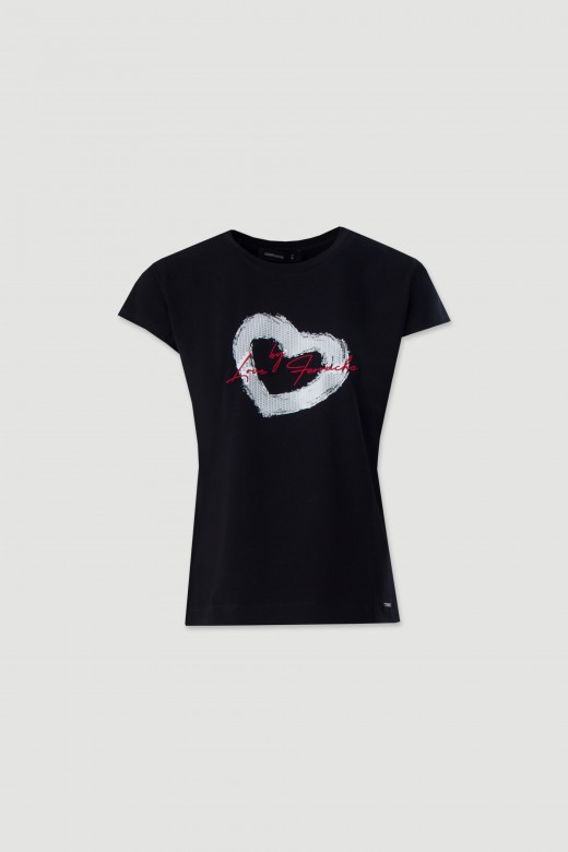 T-shirt de algodo bsica com estampado e bordado