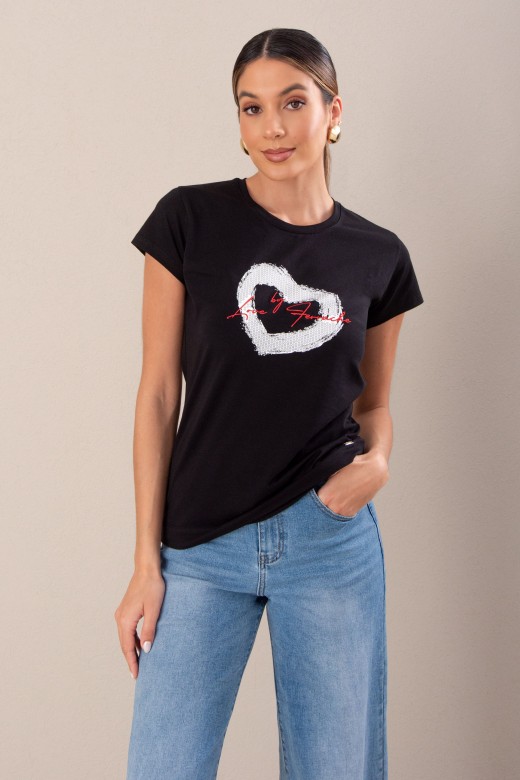 T-shirt de algodo bsica com estampado e bordado