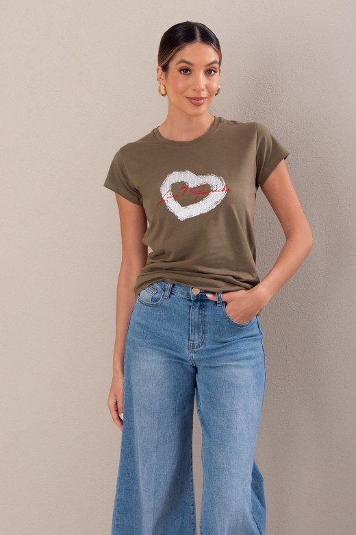 T-shirt de algodo bsica com estampado e bordado