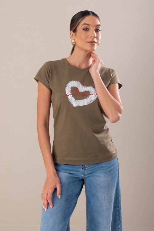 T-shirt de algodo bsica com estampado e bordado