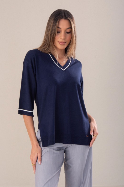 Camisola de malha fluida com detalhe de tira a contrastar