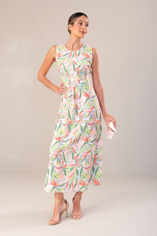 Vestido comprido estampado com cinto
