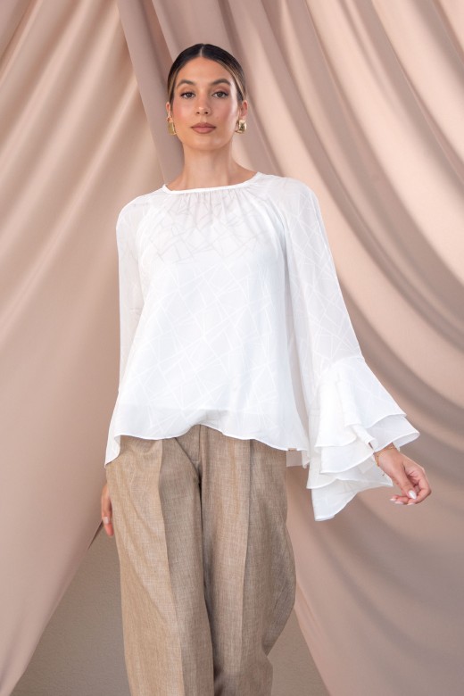 Flowy patterned tunic with double ruffle sleeves