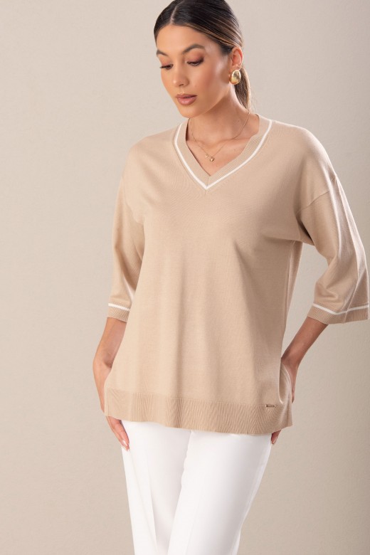 Camisola de malha fluida com detalhe de tira a contrastar Camisola de malha fluida com detalhe de tira a contrastar