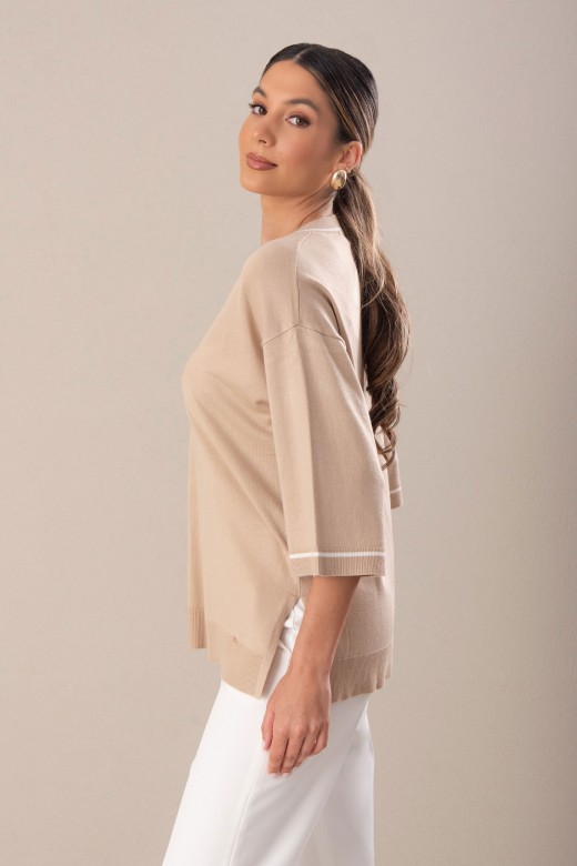 Camisola de malha fluida com detalhe de tira a contrastar Camisola de malha fluida com detalhe de tira a contrastar