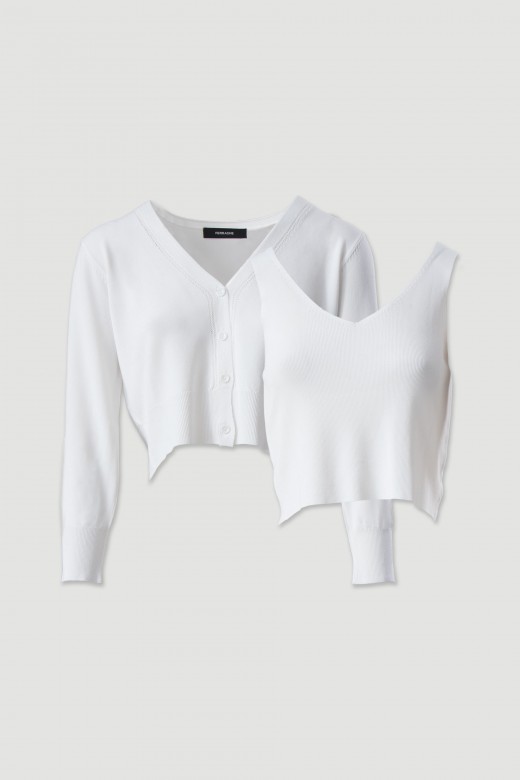 Conjunto de malha fina: casaco curto com top Conjunto de malha fina: casaco curto com top