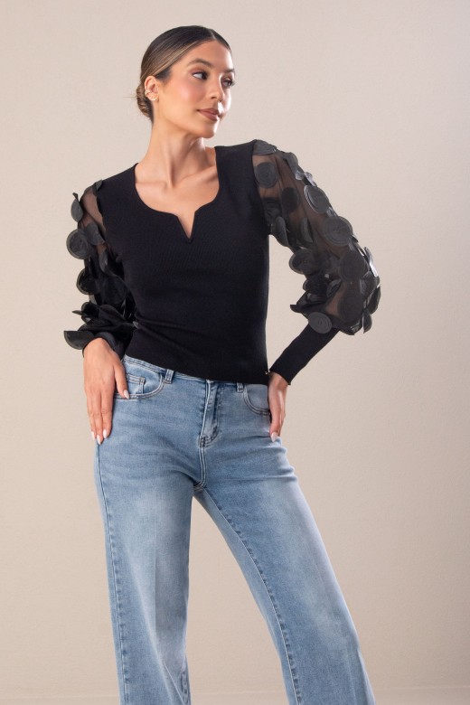 Camisola de malha com mangas em tule