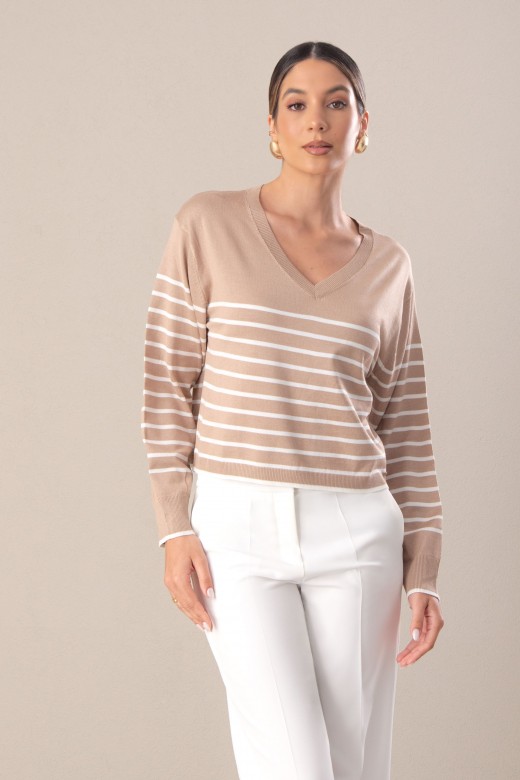 Camisola curta de malha com riscas