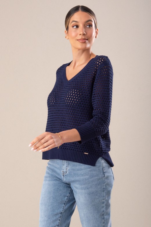 Asymmetric perforated knit sweater