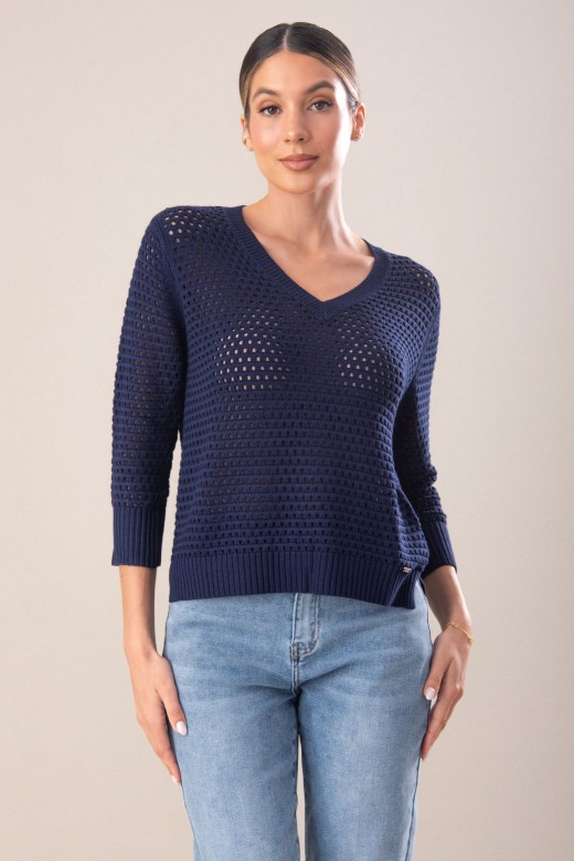 Asymmetric perforated knit sweater