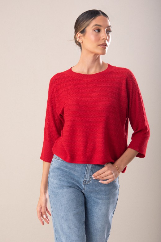 Textured knit sweater with 3/4 sleeves