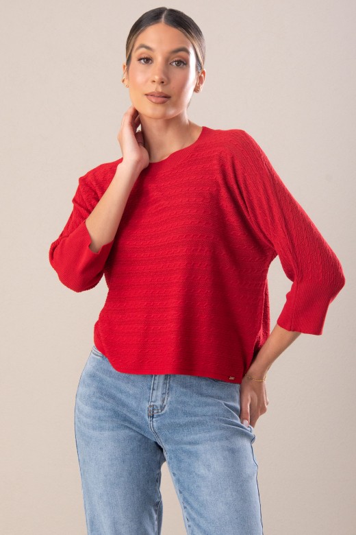 Textured knit sweater with 3/4 sleeves