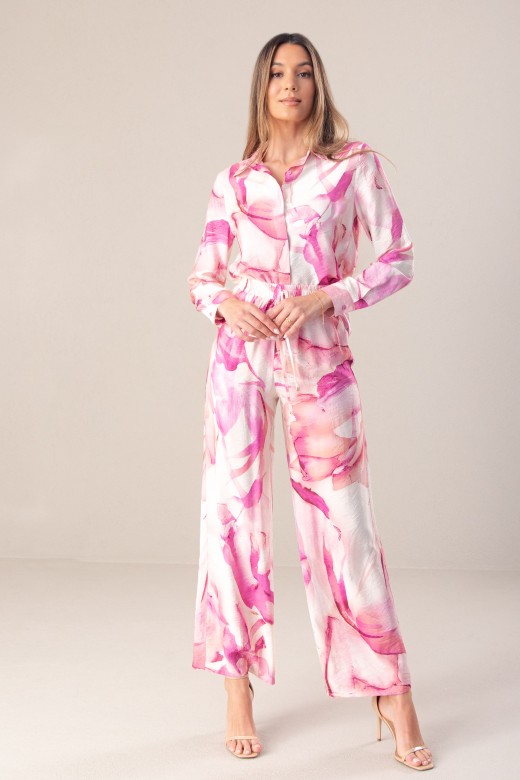 Cala wide leg estampada com cinto elstico