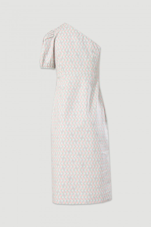 Vestido em algodo com decote assimtrico estampado