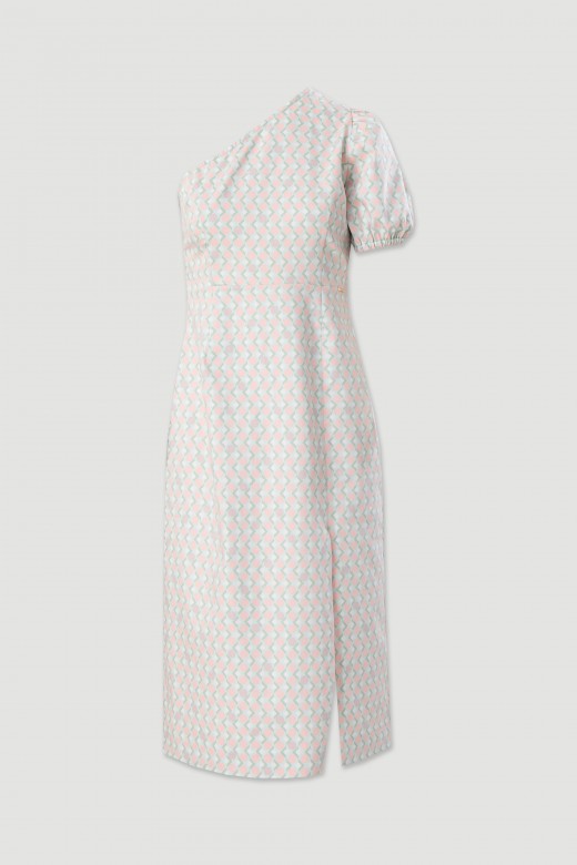 Vestido em algodo com decote assimtrico estampado