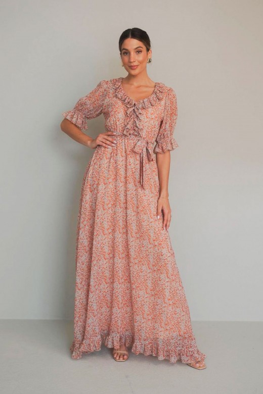 Long printed dress with gathered detail