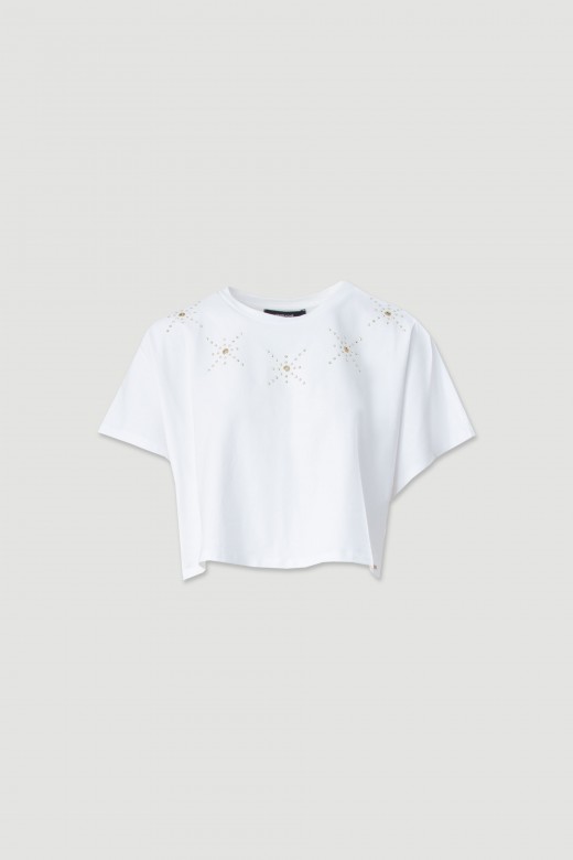 Short cotton knit sweater with transfer application