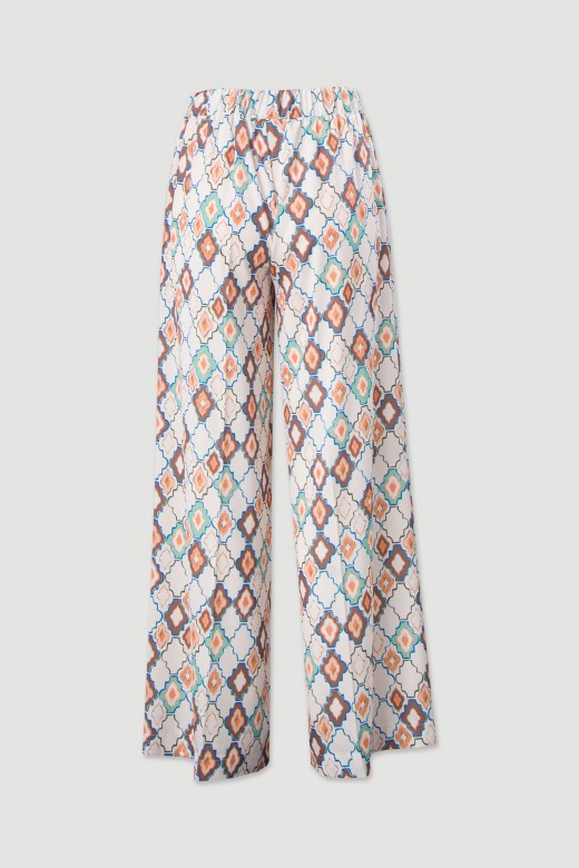 Cala wide leg em tecido acetinado estampado